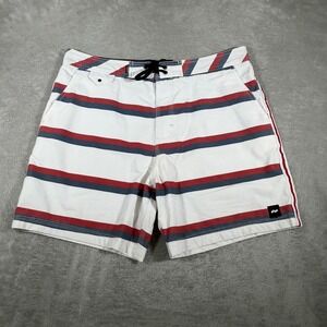 Banks Journal Board Shorts Mens 34 White Red Stripe Lined 6" Swim Surf Vacation